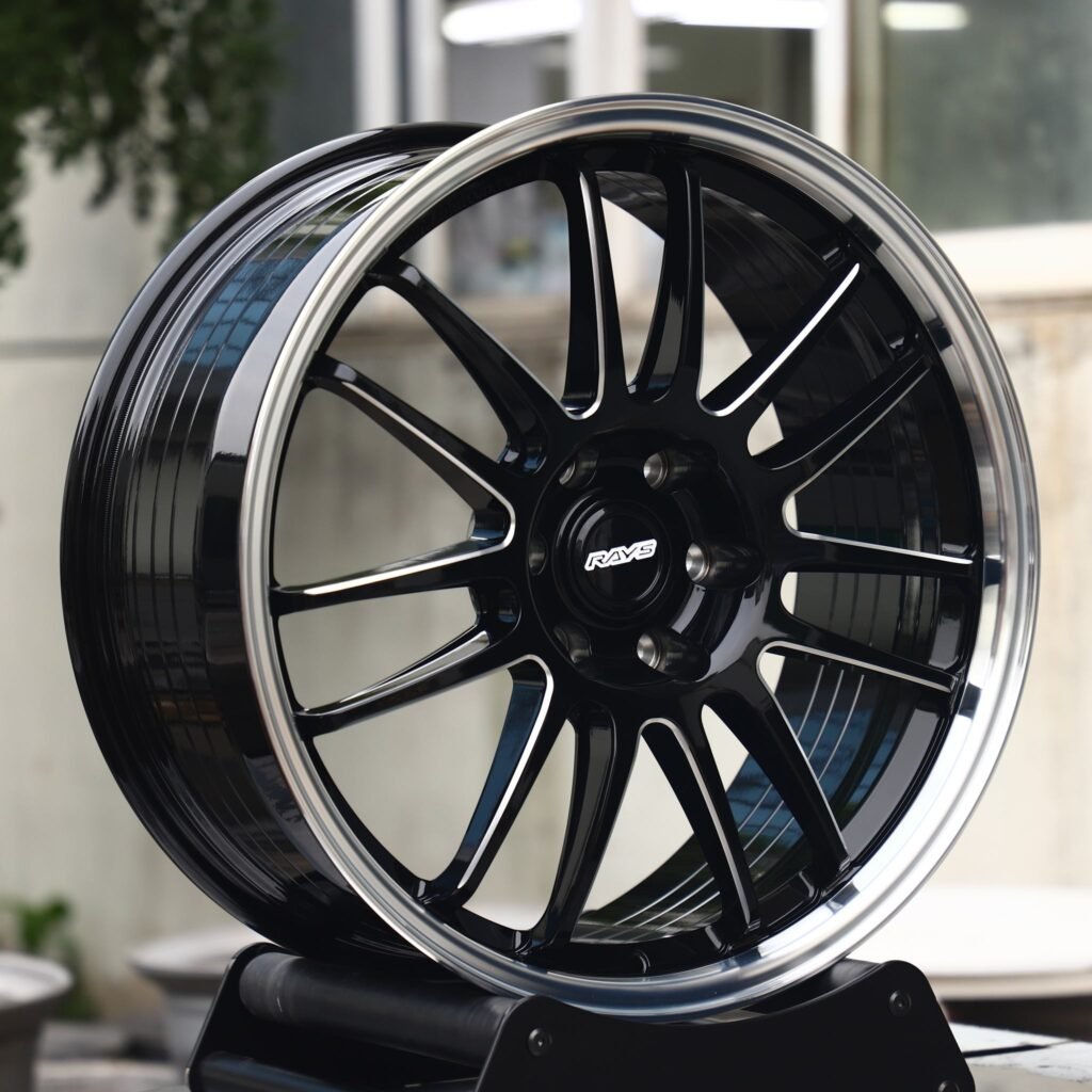 Toyota GR86 wheels – Rays Volk Racing Gloss Black 14-Spoke Deep Lip Machined Face, angled view