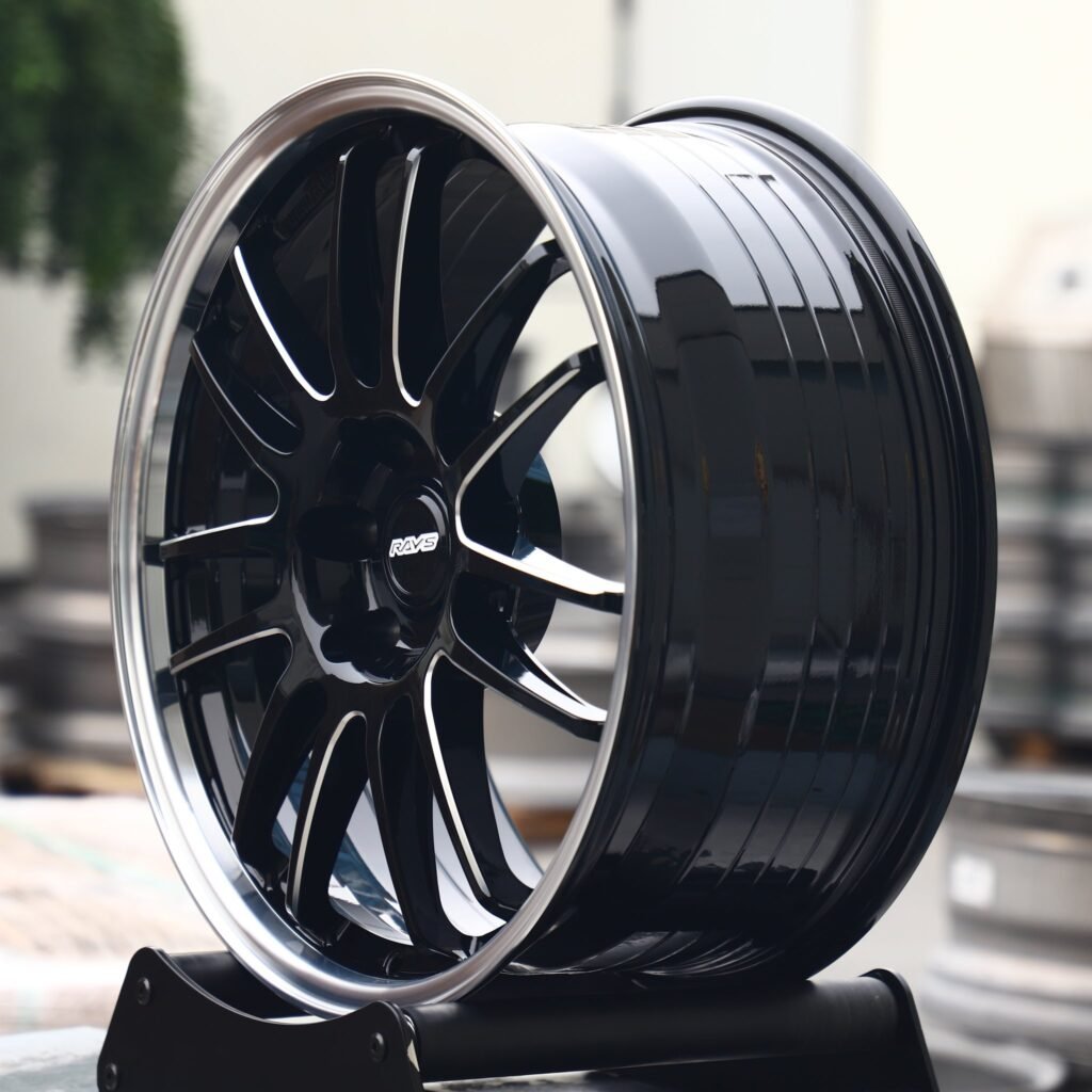 5x114.3 wheels – Rays Volk Racing Gloss Black 14-Spoke Deep Lip Machined Face, side view