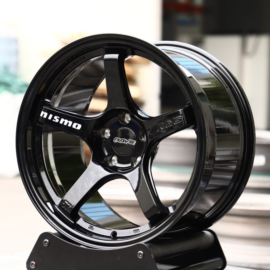 Toyota GR86 wheels – Rays Volk Racing Gloss Black 5-Spoke, angled view