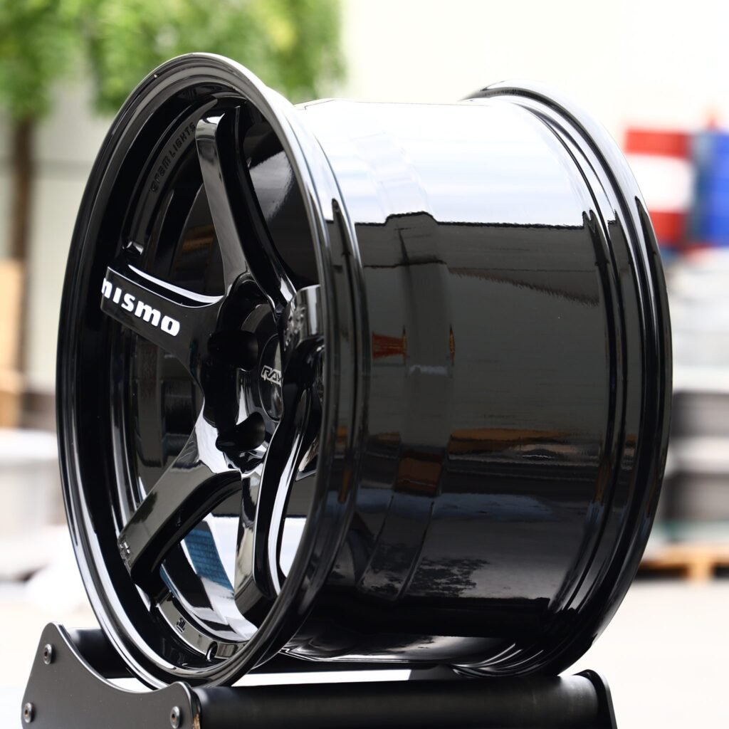 5x114.3 wheels – Rays Volk Racing Gloss Black 5-Spoke, side view
