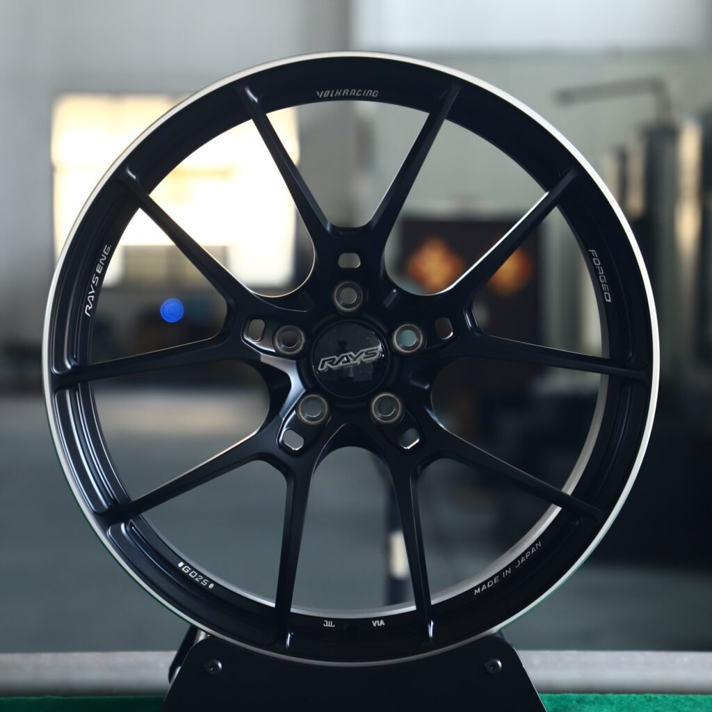 Nissan 370Z wheels – Rays Volk Racing Gloss Black 5 Y-Spoke, front view