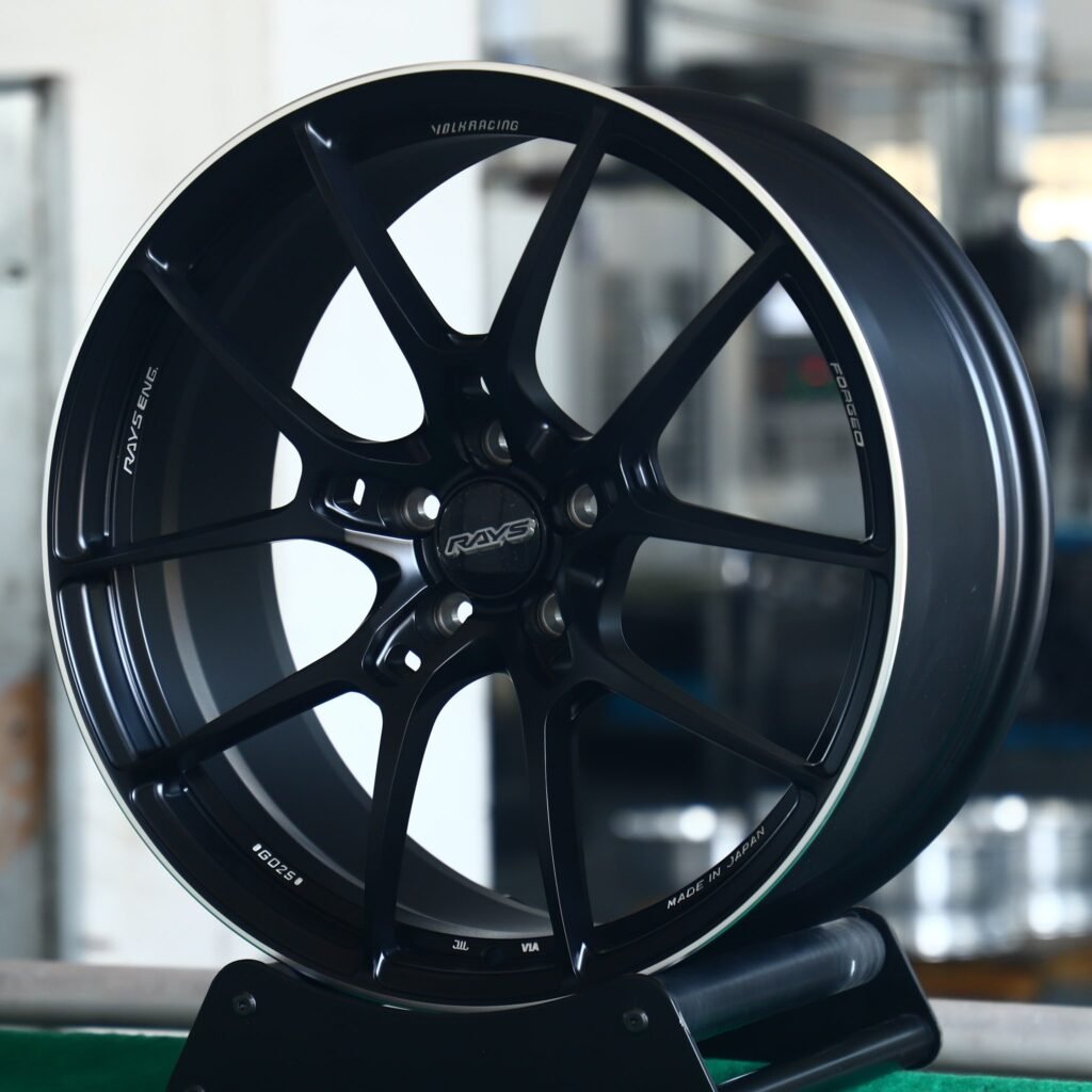 Toyota GR86 wheels – Rays Volk Racing Gloss Black 5 Y-Spoke, angled view