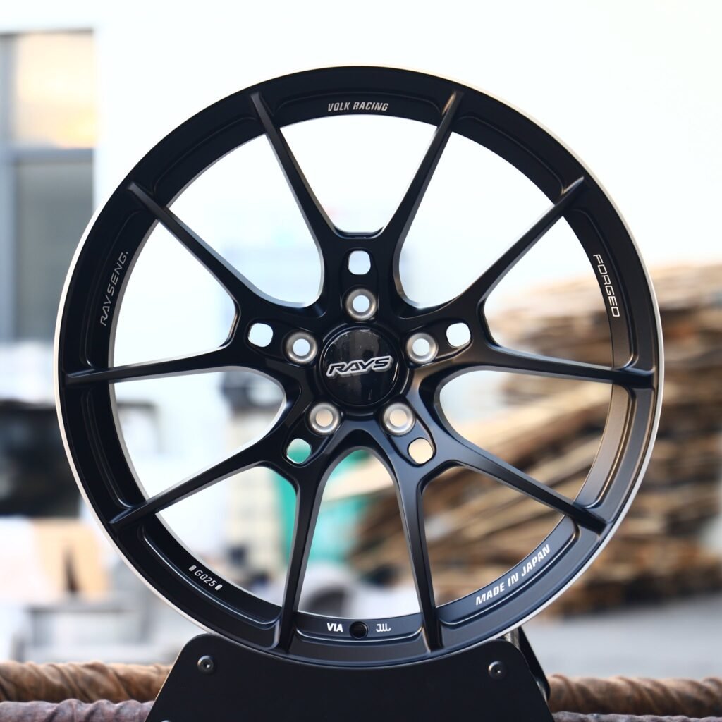 Nissan 370Z wheels – Rays Volk Racing Gloss Black 5 Y-Spoke, front view