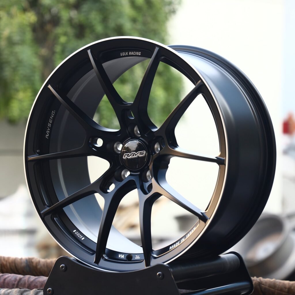 Toyota GR86 wheels – Rays Volk Racing Gloss Black 5 Y-Spoke, angled view