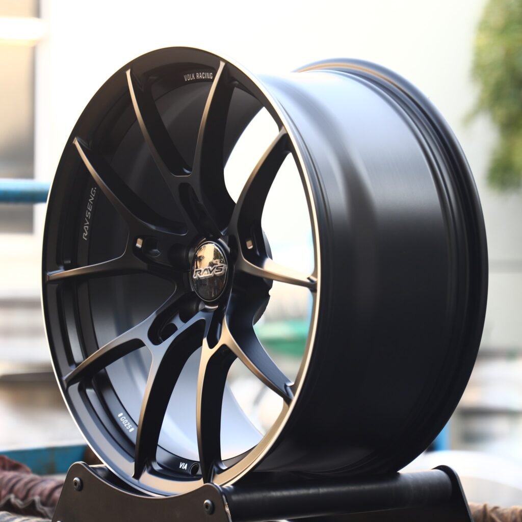 5x114.3 wheels – Rays Volk Racing Gloss Black 5 Y-Spoke, side view