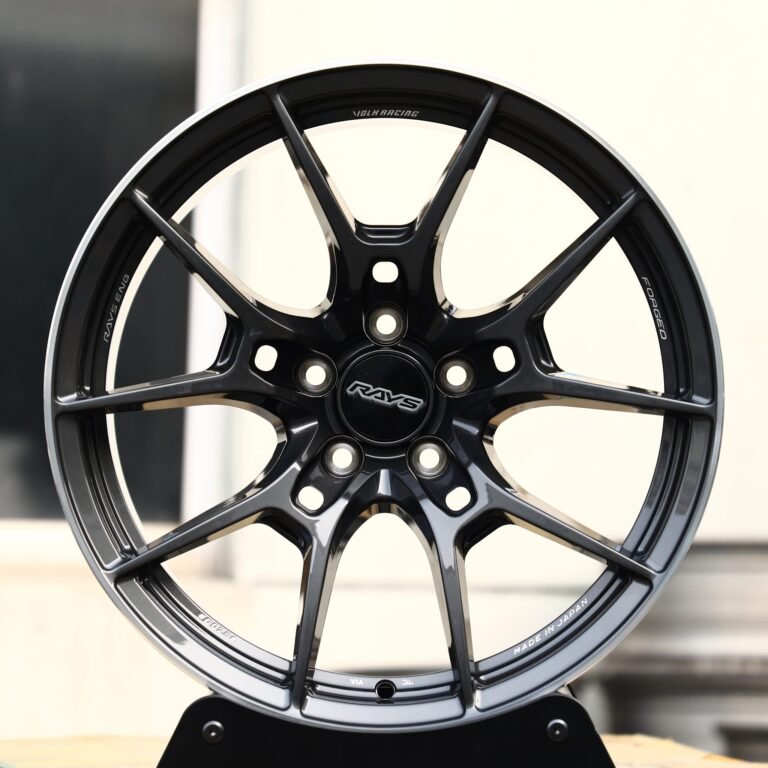 Nissan 370Z wheels – Rays Volk Racing Gloss Black 5 Y-Spoke, front view