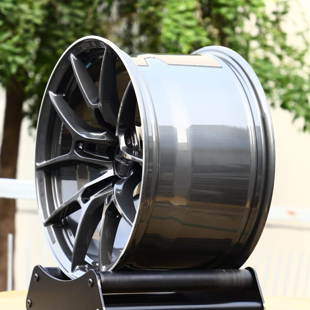 Toyota GR86 wheels – Rays Volk Racing Gloss Black 5 Y-Spoke, angled view