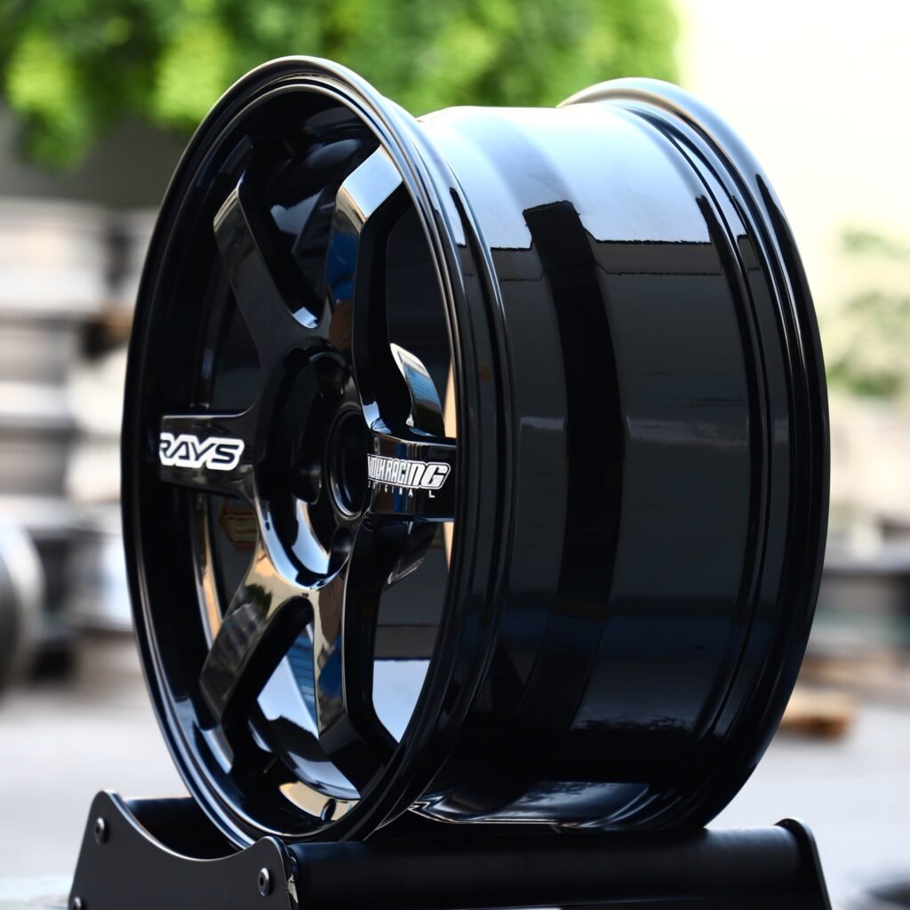 Subaru WRX wheels – Gloss Black 6-Spoke (Rays Volk Racing TE37-Style), angled view