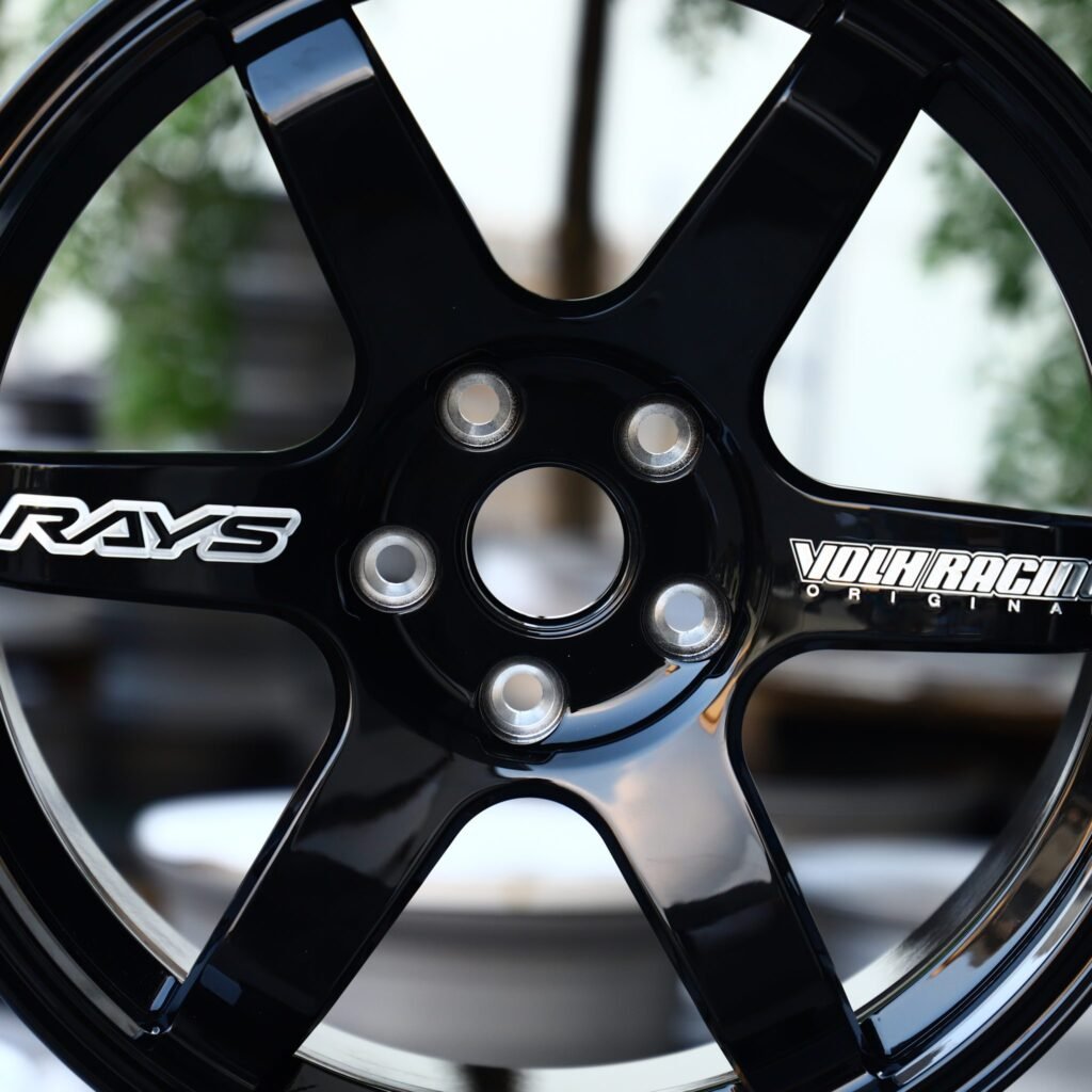 5x100 wheels – Gloss Black 6-Spoke (Rays Volk Racing TE37-Style), side view