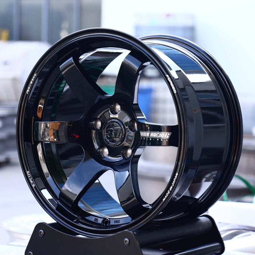 Subaru WRX wheels – Gloss Black 6-Spoke (Rays Volk Racing TE37-Style), angled view