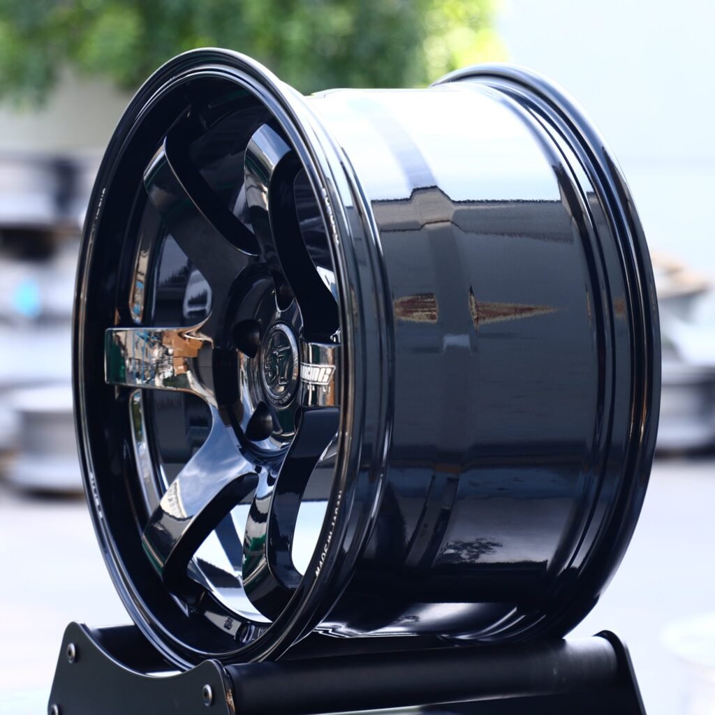 5x100 wheels – Gloss Black 6-Spoke (Rays Volk Racing TE37-Style), side view