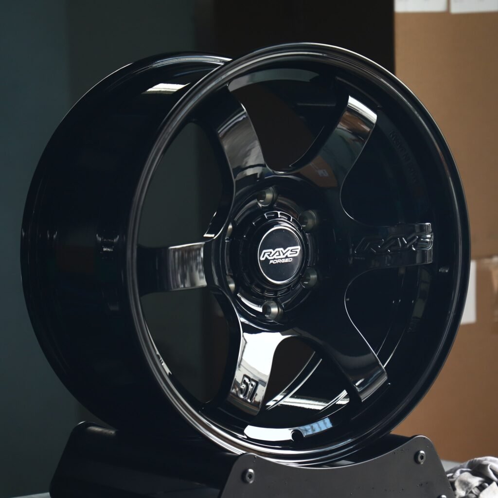 Toyota 4Runner wheels – Rays Volk Racing Gloss Black 6-Spoke, angled view