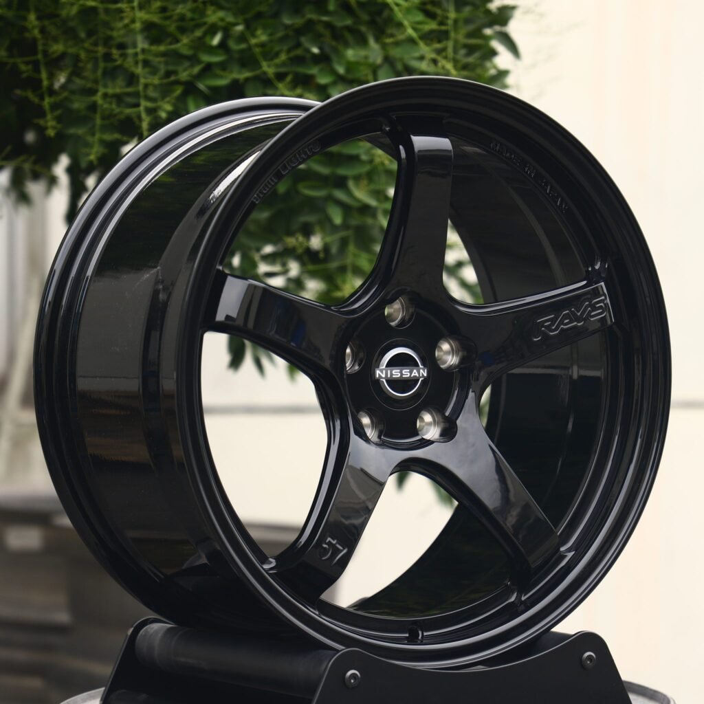 Nissan 370Z wheels – Rays Volk Racing Gloss Black Custom, angled view