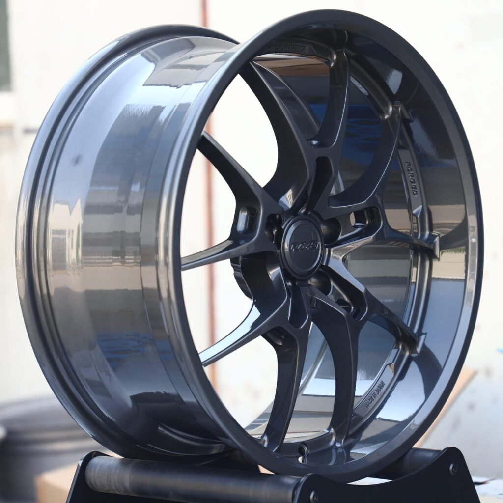 Subaru WRX wheels – Rays Volk Racing Gloss Black / Gunmetal 5 Y-Spoke Deep Lip, lip and barrel detail