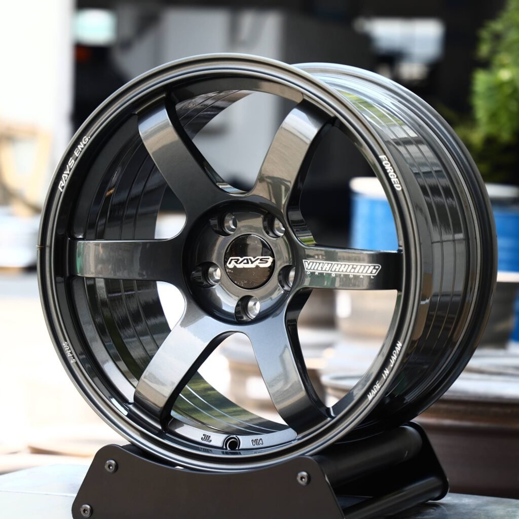 Subaru WRX wheels – Gloss Black / Gunmetal 6-Spoke (Rays Volk Racing TE37-Style), angled view