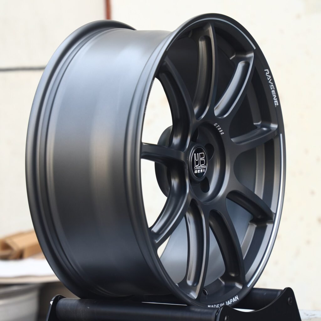 5x114.3 wheels – Rays Volk Racing Gloss Black / Gunmetal 9-Spoke, side view