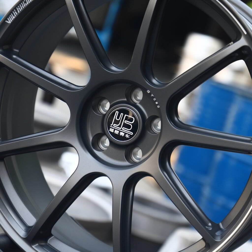 Subaru WRX wheels – Rays Volk Racing Gloss Black / Gunmetal 9-Spoke, lip and barrel detail