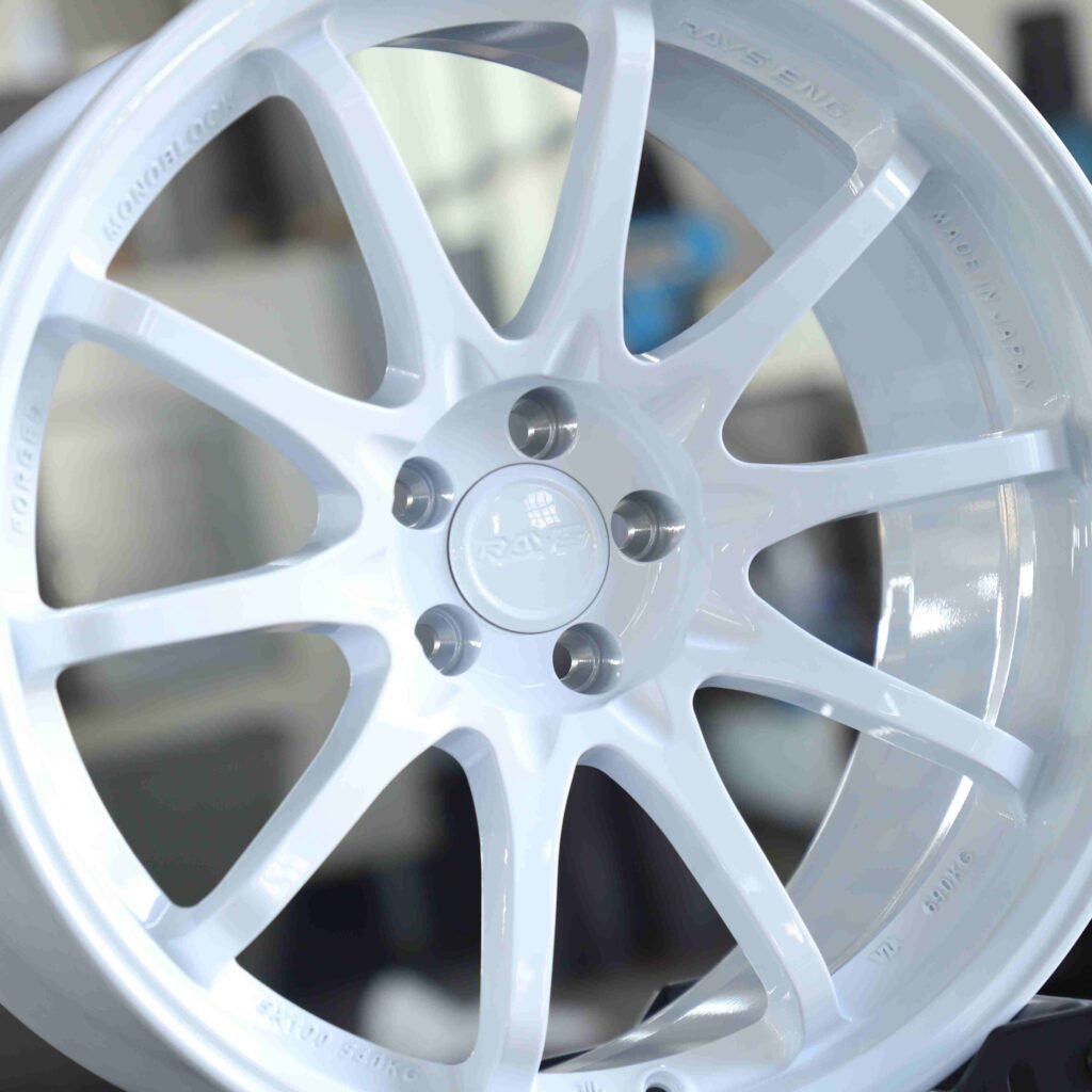 Subaru WRX wheels – Gloss White 10-Spoke (Rays Volk Racing CE28N-Style), lip and barrel detail