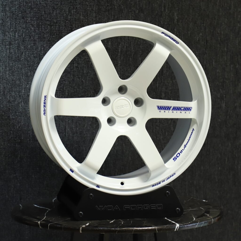 Subaru WRX wheels – Gloss White 6-Spoke (Rays Volk Racing TE37-Style), angled view