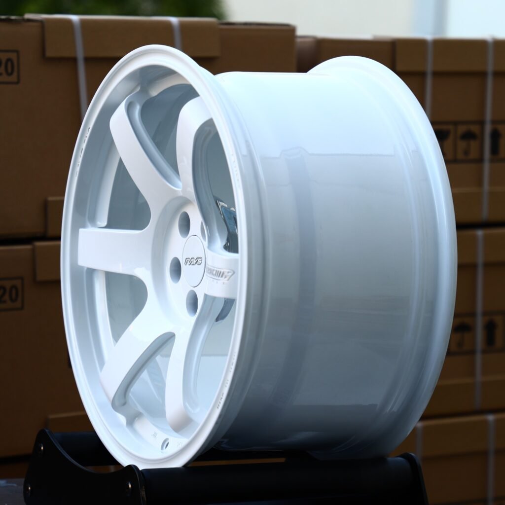 5x100 wheels – Gloss White 6-Spoke (Rays Volk Racing TE37-Style), side view