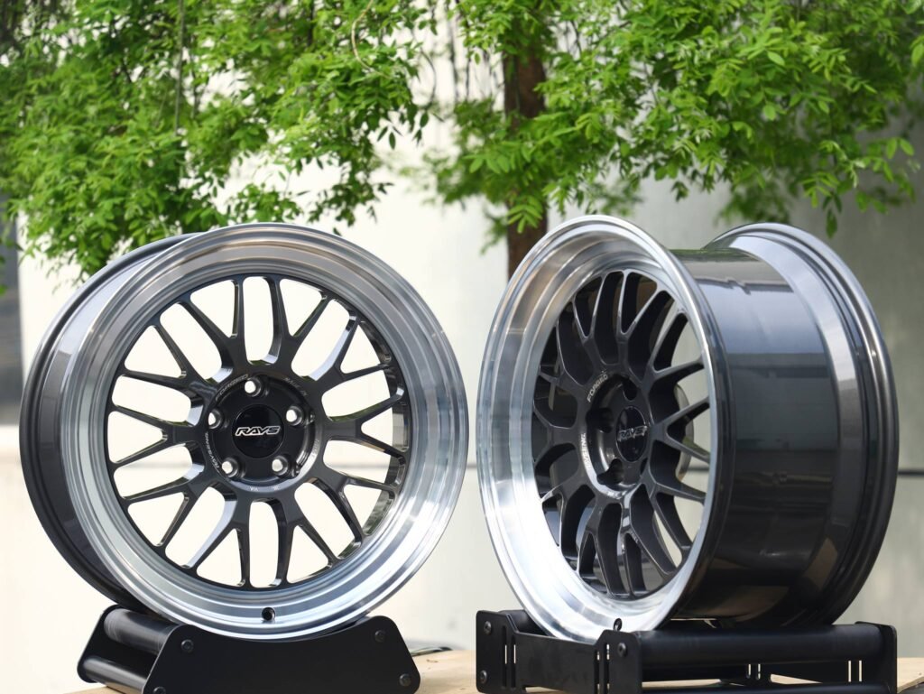 Toyota GR86 wheels – Rays Volk Racing Gray Deep Lip, angled view