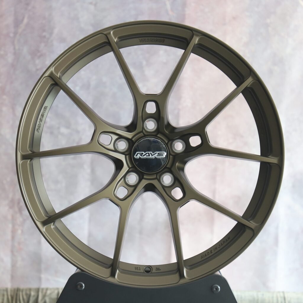 Nissan 370Z wheels – Rays Volk Racing Gray Green 5 Y-Spoke, front view