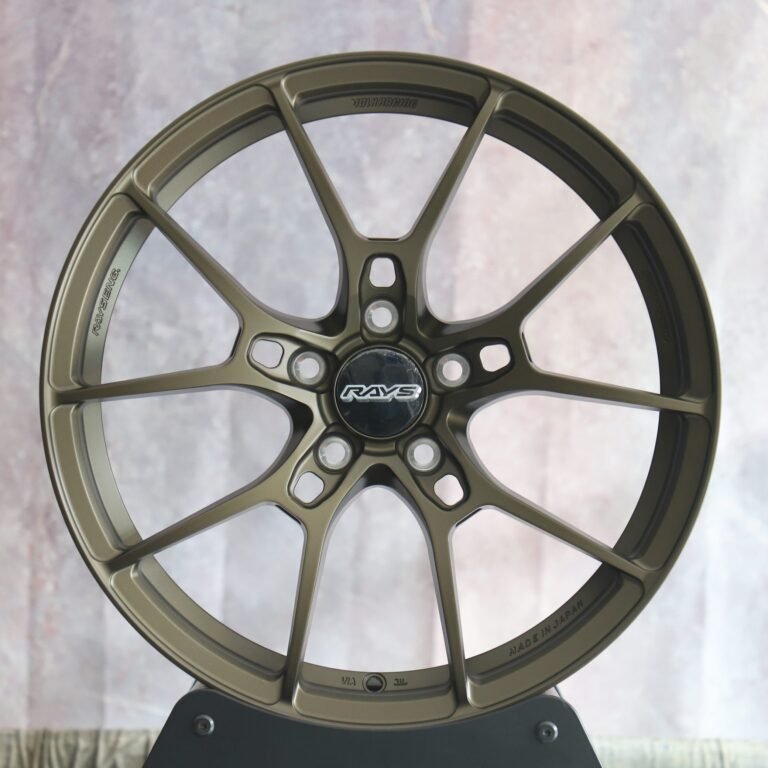 Nissan 370Z wheels – Rays Volk Racing Gray Green 5 Y-Spoke, front view