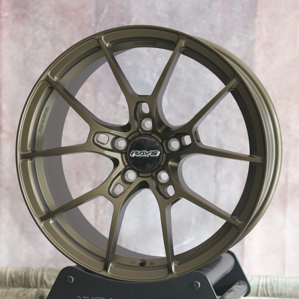 Toyota GR86 wheels – Rays Volk Racing Gray Green 5 Y-Spoke, angled view