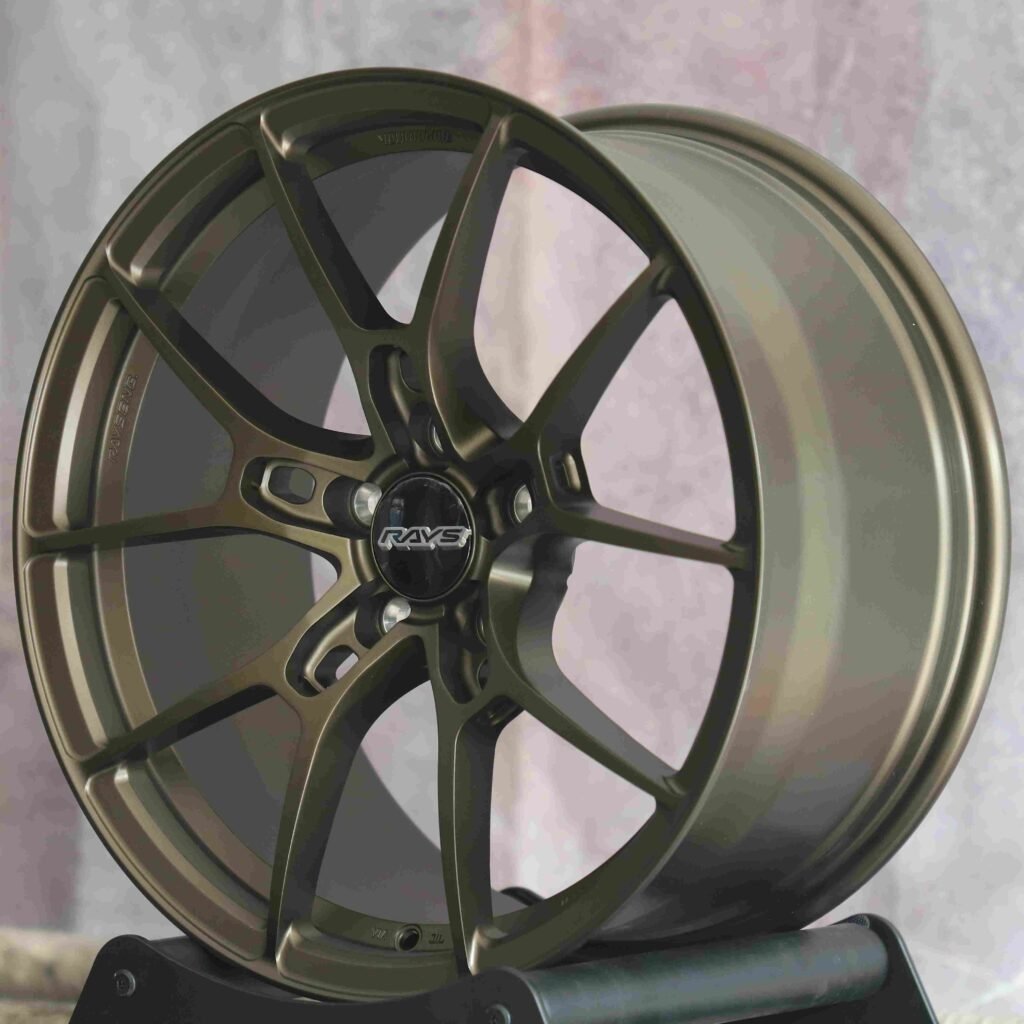 Subaru WRX wheels – Rays Volk Racing Gray Green 5 Y-Spoke, lip and barrel detail