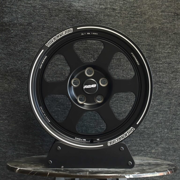 Nissan 370Z wheels – Rays Volk Racing Matte Black 6-Spoke Deep Lip Racing, front view