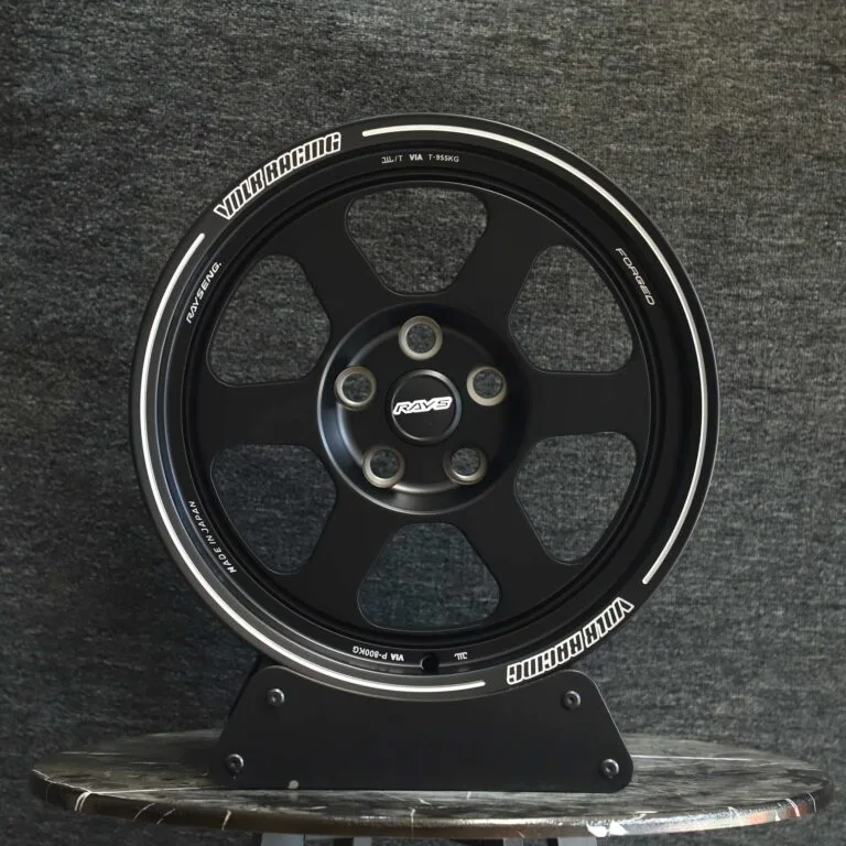Nissan 370Z wheels – Rays Volk Racing Matte Black 6-Spoke Deep Lip Racing, front view