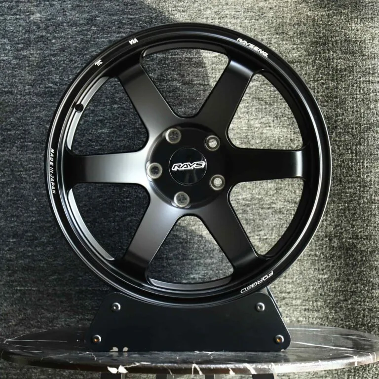 Nissan 370Z wheels – Rays Volk Racing Matte Silver 6-Spoke, front view