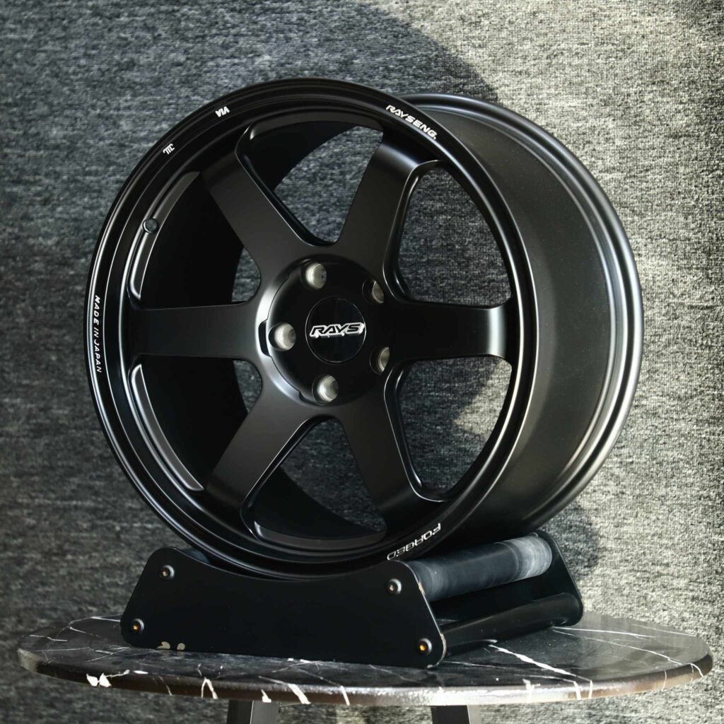 Toyota GR86 wheels – Rays Volk Racing Matte Silver 6-Spoke, angled view