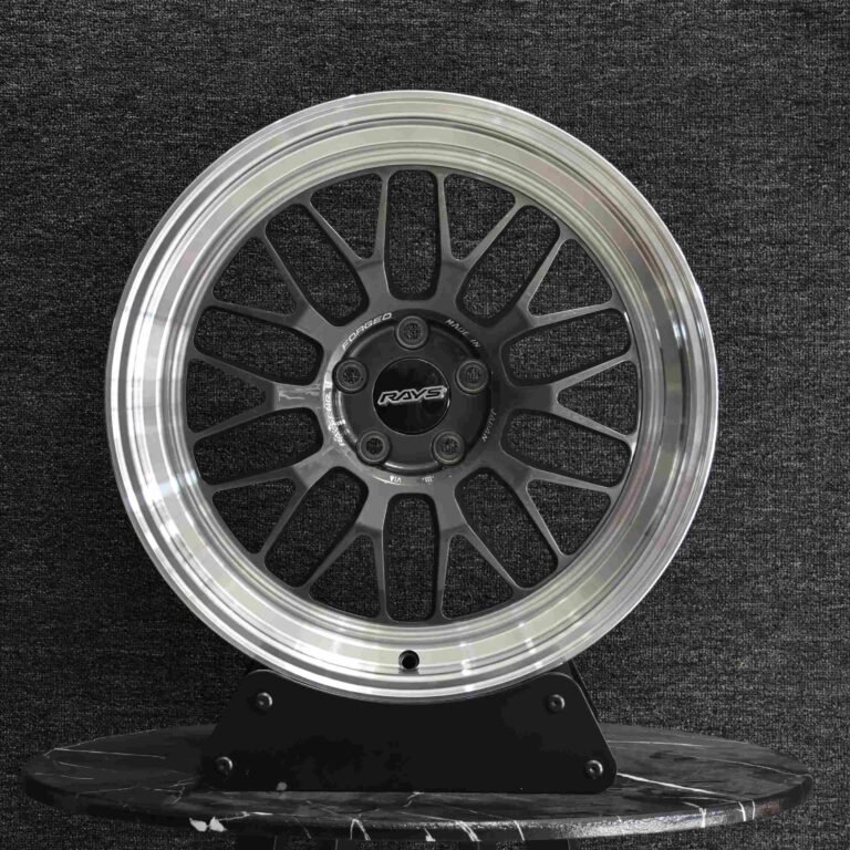 Nissan 370Z wheels – Rays Volk Racing Metallic Gray 10 Y-Spoke Deep Lip, front view