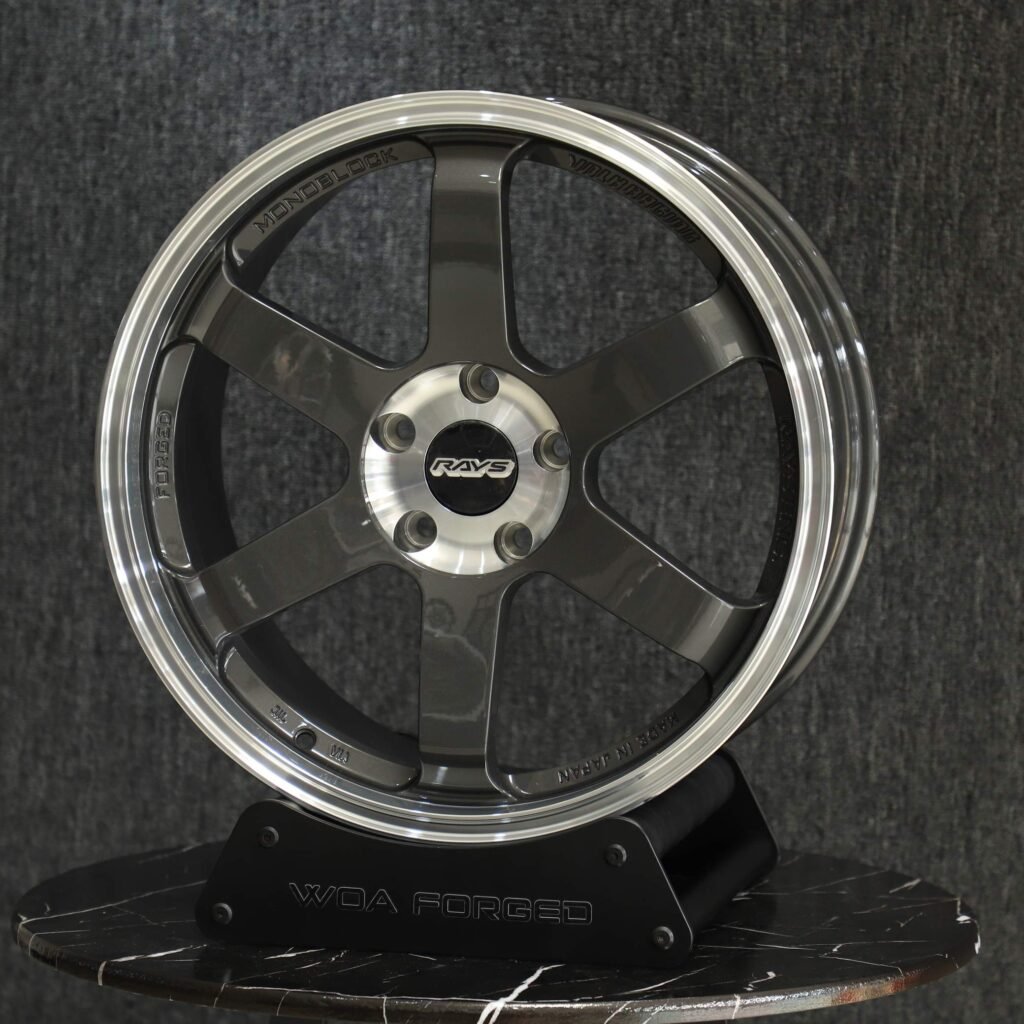 Subaru WRX wheels – Metallic Gray 5-Spoke Deep Lip (Rays Volk Racing TE37-Style), angled view