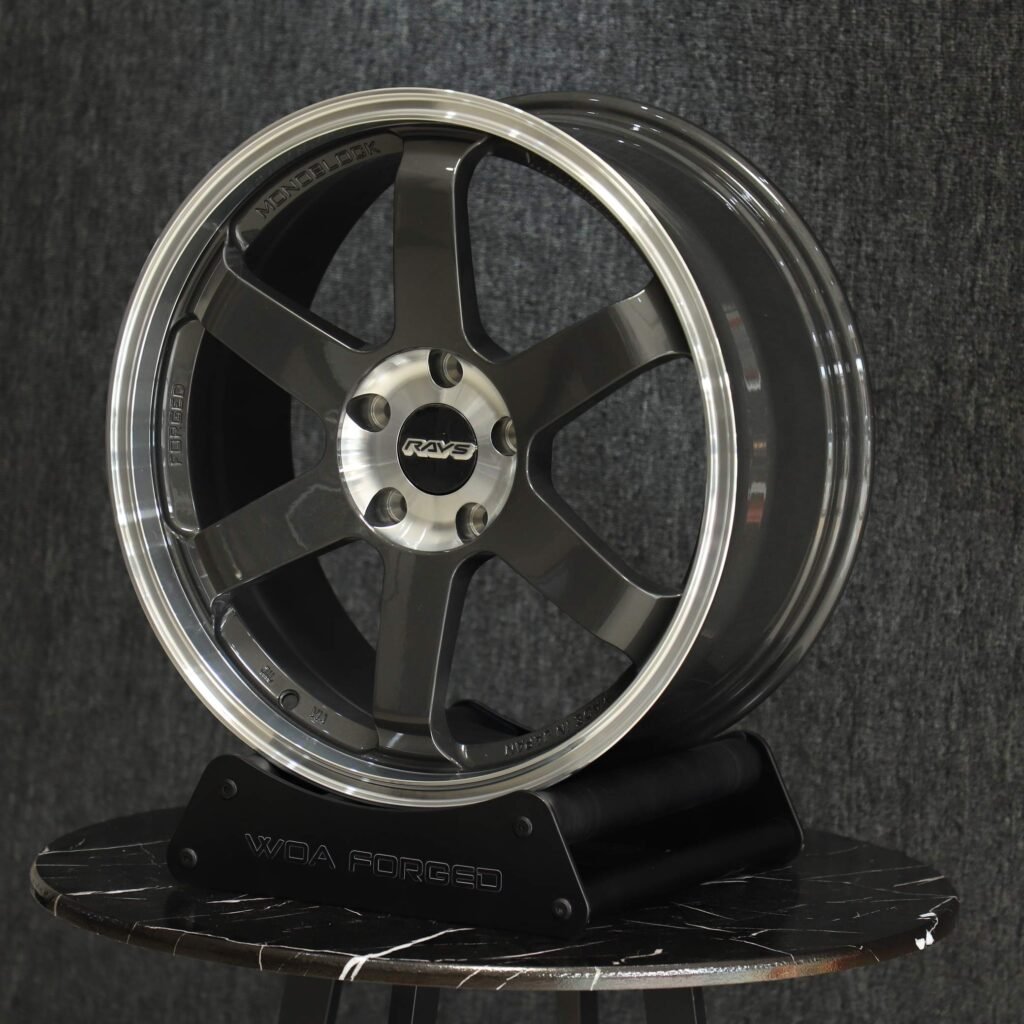 5x100 wheels – Metallic Gray 5-Spoke Deep Lip (Rays Volk Racing TE37-Style), side view