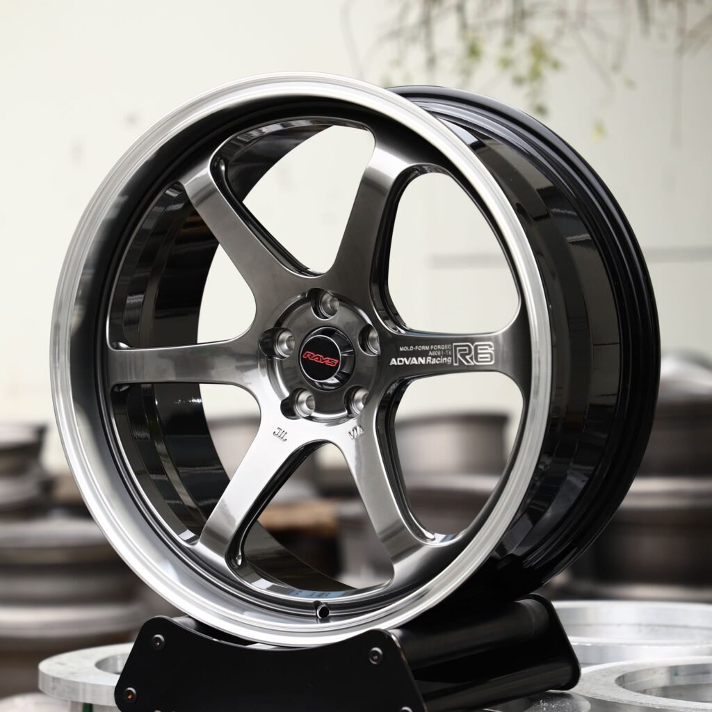 Subaru WRX wheels – Metallic Gray 6-Spoke Deep Lip (Rays Volk Racing TE37-Style), angled view