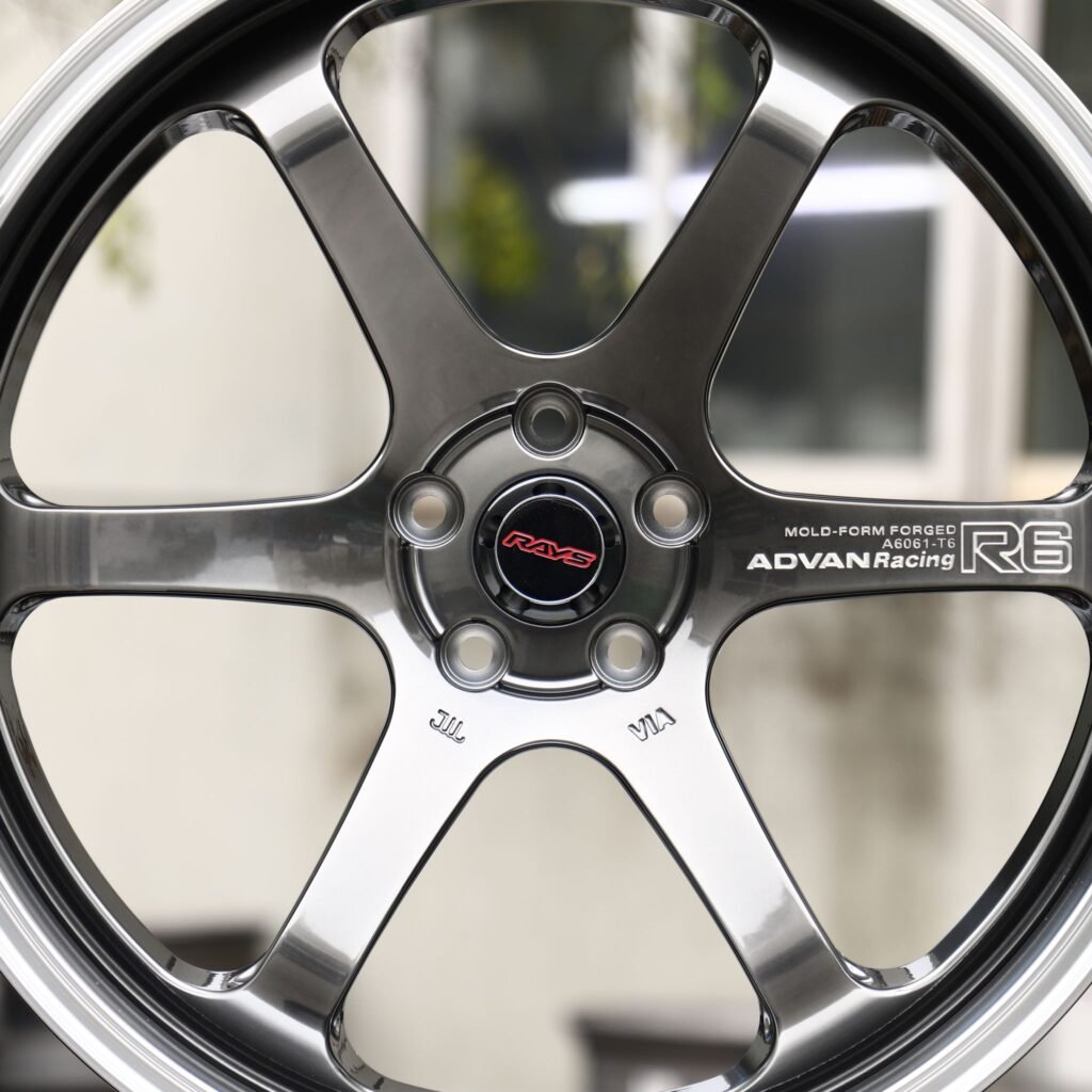 Nissan GT-R R35 wheels – Metallic Gray 6-Spoke Deep Lip (Rays Volk Racing TE37-Style), lip and barrel detail