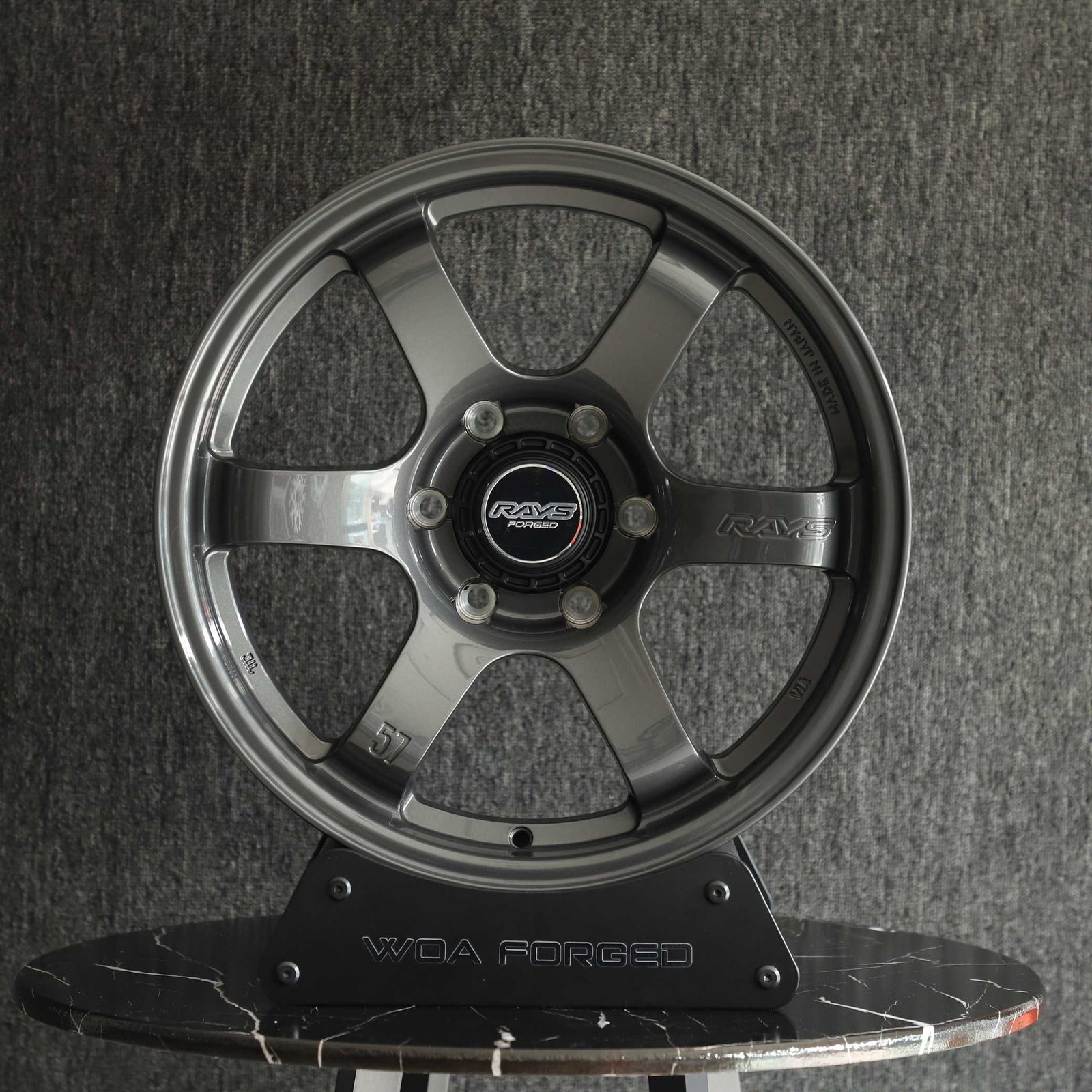 Toyota GR86 wheels – Metallic Gray 6-Spoke (Rays Volk Racing TE37-Style), front view