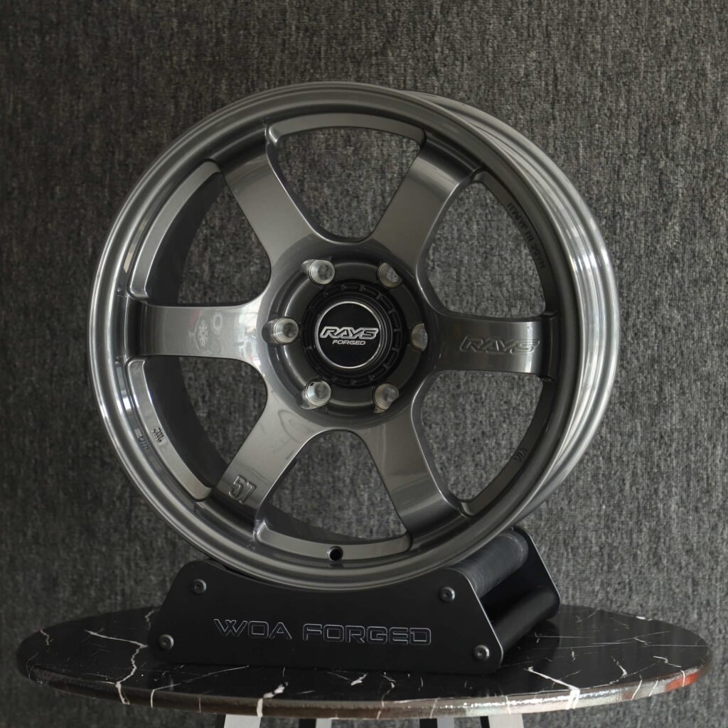 Subaru WRX wheels – Metallic Gray 6-Spoke (Rays Volk Racing TE37-Style), angled view