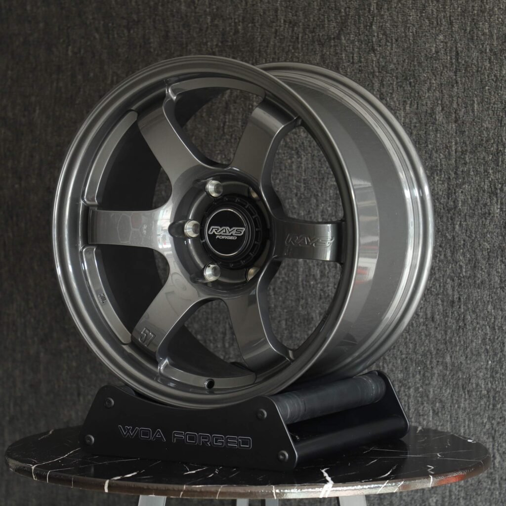 5x100 wheels – Metallic Gray 6-Spoke (Rays Volk Racing TE37-Style), side view