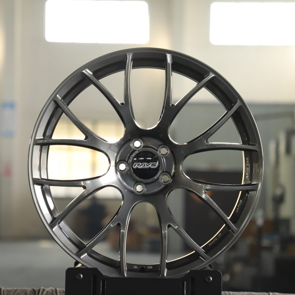 Nissan 370Z wheels – Rays Volk Racing Metallic Gray 8 Y-Spoke, front view