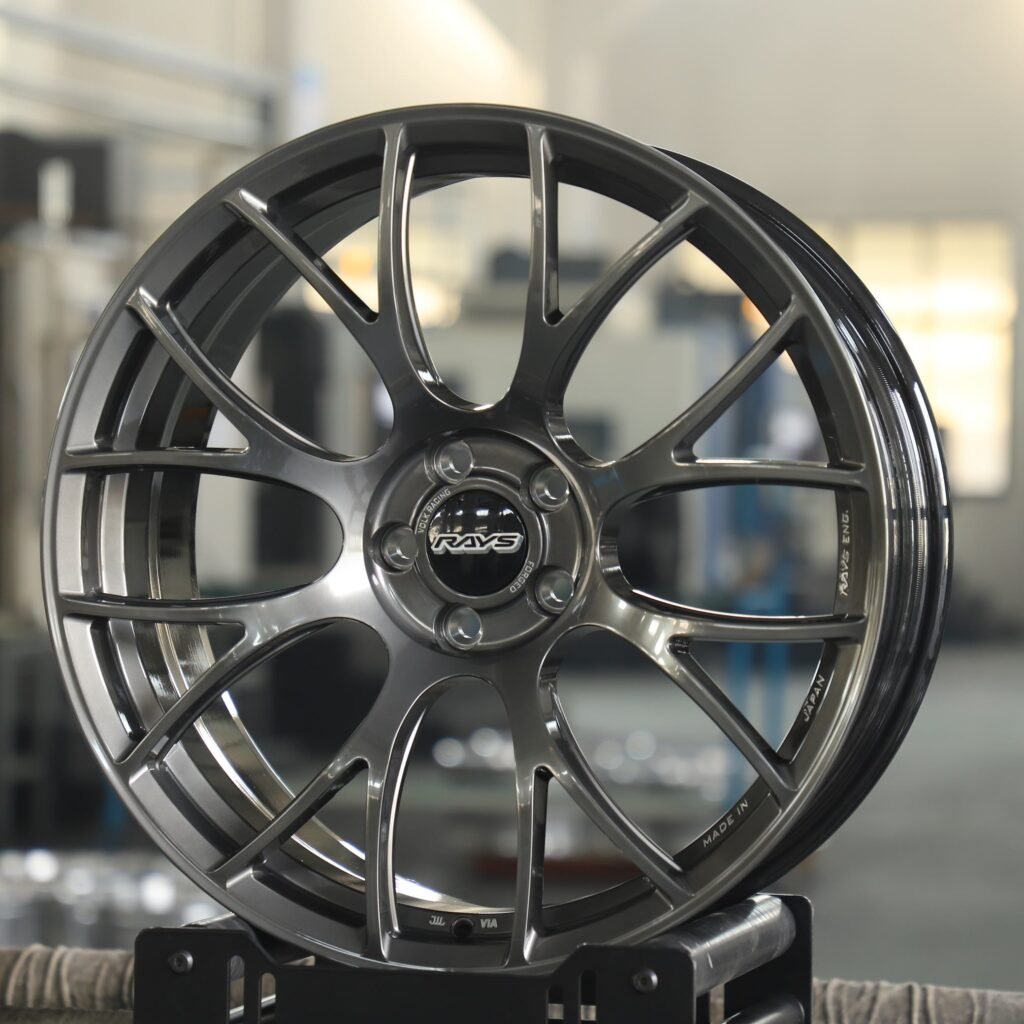 Toyota GR86 wheels – Rays Volk Racing Metallic Gray 8 Y-Spoke, angled view