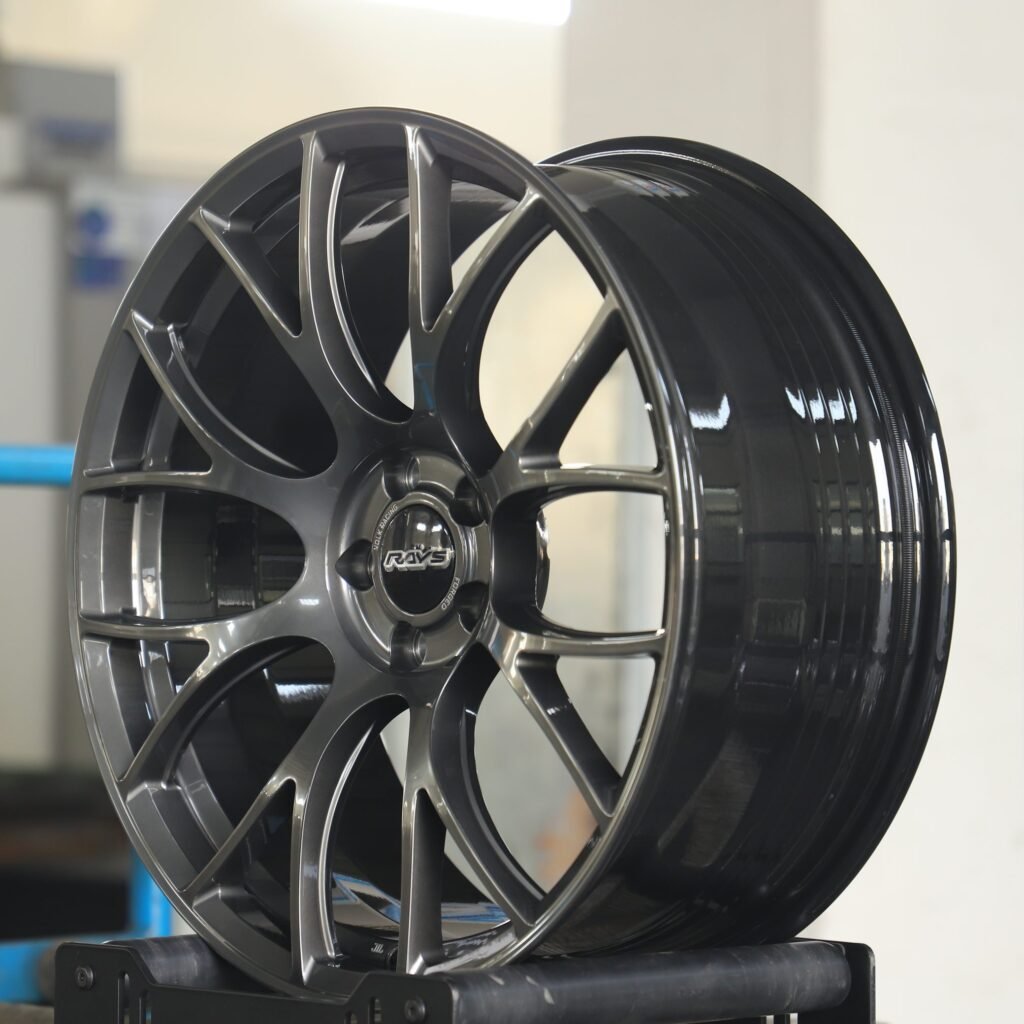 Subaru WRX wheels – Rays Volk Racing Metallic Gray 8 Y-Spoke, lip and barrel detail
