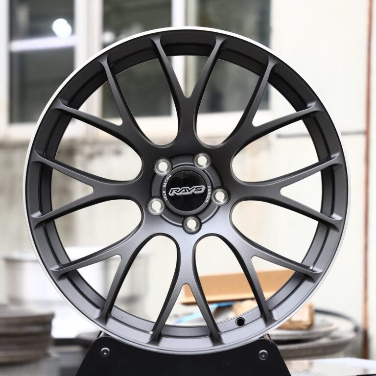 Nissan 370Z wheels – Rays Volk Racing Metallic Gray 8 Y-Spoke, front view
