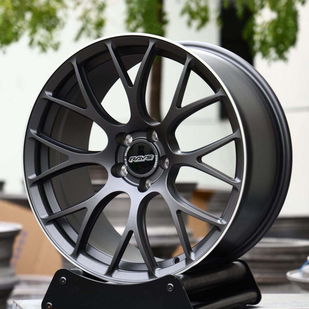Toyota GR86 wheels – Rays Volk Racing Metallic Gray 8 Y-Spoke, angled view