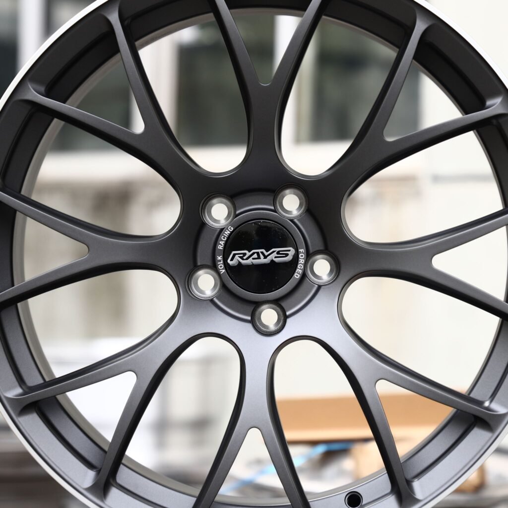 Subaru WRX wheels – Rays Volk Racing Metallic Gray 8 Y-Spoke, lip and barrel detail