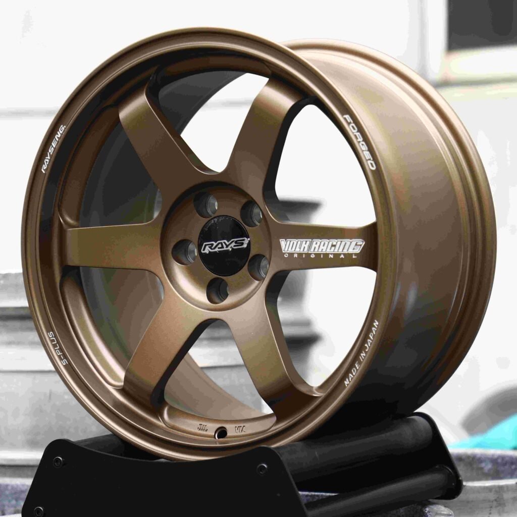 Subaru WRX wheels – Bronze (Rays Volk Racing TE37-Style), angled view