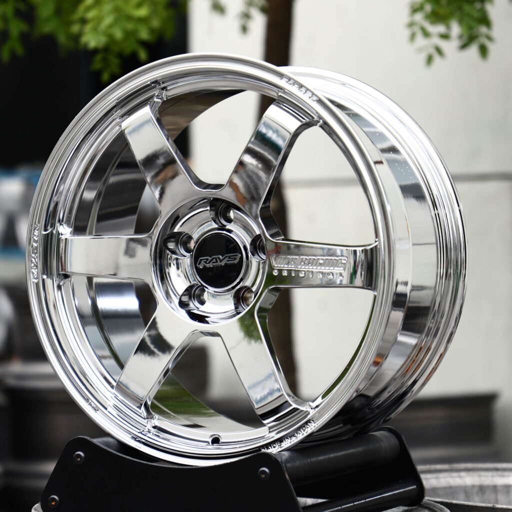 Subaru WRX wheels – Chrome Custom (Rays Volk Racing TE37-Style), angled view