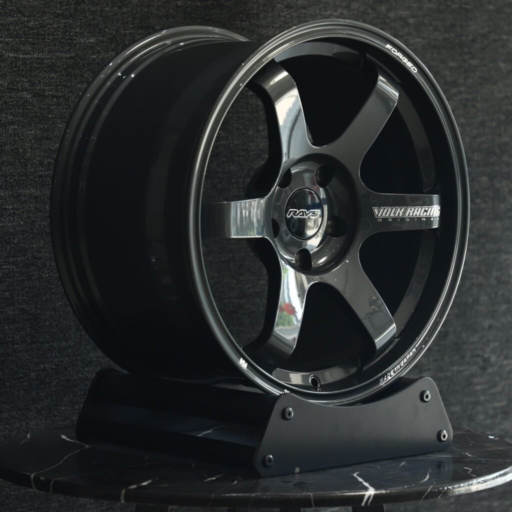 Subaru WRX wheels – Gloss Black / Gunmetal 6-Spoke (Rays Volk Racing TE37-Style), angled view